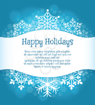 Happy holidays blue background with text. Vector snowflakes vacation poster