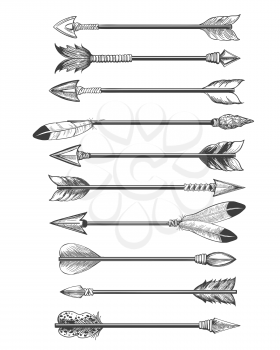 Hand drawing ethnic arrows isolated on white background. Vector native american indians arrows sketch
