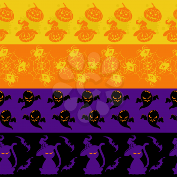 Colorful halloween seamless borders set vector with pumpkin cat bat and spider