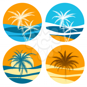 Palm paradise logo vector set. Colorful icons with sunrise and palm trees