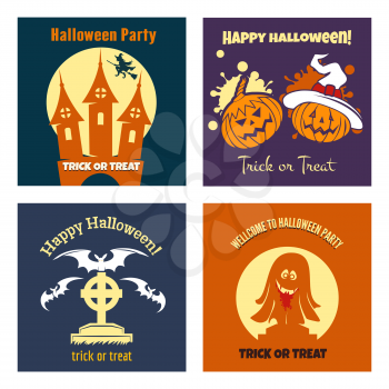 Halloween party flat posters with witch pumpkins bats. Vector illustration