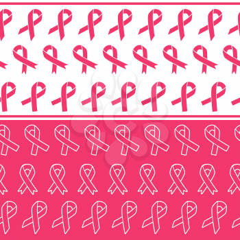 Pink ribbons seamless borders vector illustration. Breast cancer awareness symbol patterns