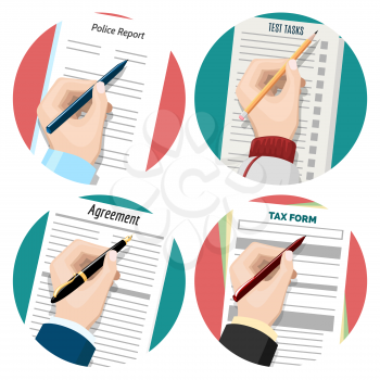 Flat icons with left-hander writing signing document forms vector