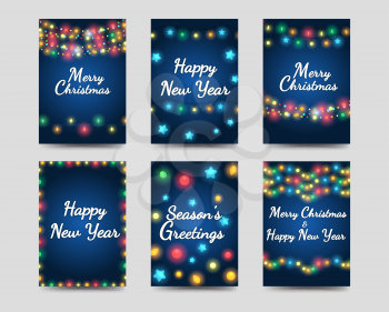 New year and christmas greetings cards set vector with garlands