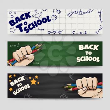Back to school banners set. Horizontal banners with school elements vector illustration