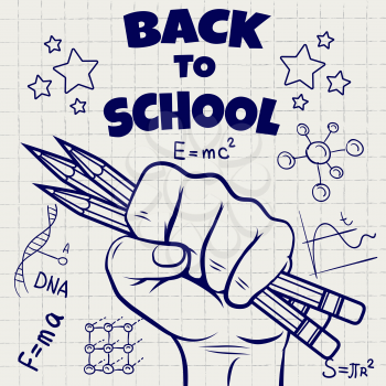 Back to school sketch on notebook page. Hand drawn hand with pencil stars and school elements. Vector illustration