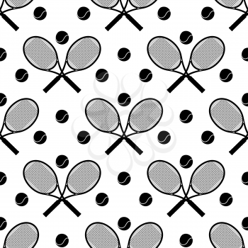 Tennis seamless pattern vector illustration. Black and wthite sport background with racket and balls