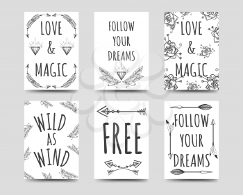 Boho style cards collection with hand drawn arrows flowers feathers and lettering vector