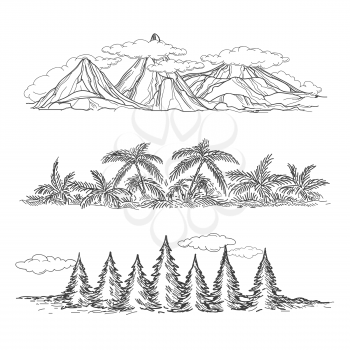 Doodle hand drawn vector landscapes with mountain forest and palms - popular rest style vector