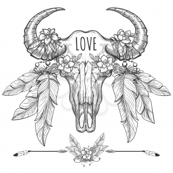 Hand drawn buffalo skull with flowers and feathers. T-shirt print or tatoo vector
