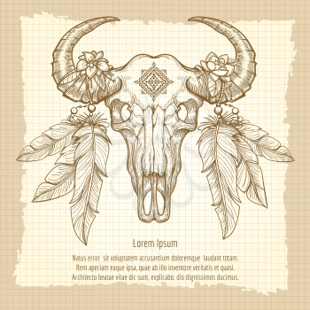 Hand drawn buffalo skull with native american feather headdress vintage poster. Vector illustration