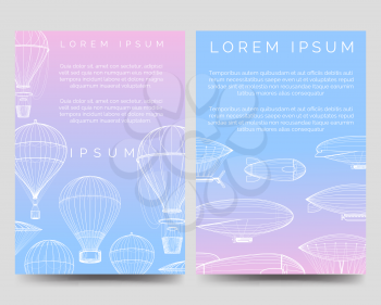 Brochure flyers template with hot air balloons and airships in the sky. Vector illustration