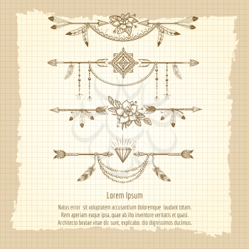 Hand drawn boho dividers with ethnic elements flowers arrows on vintage background. Vector illustration
