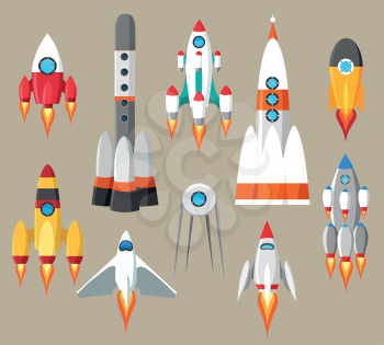 Cartoon rockets icons. Vector futuristic space ships set