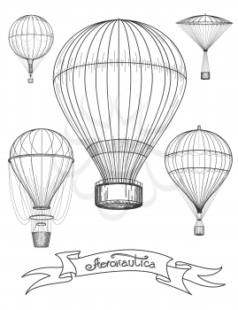 Aeronautica poster design vector illustration. Graphic poster with hot air balloons and ribbon Aeronautica