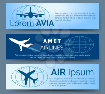 Airlines company headers set. Blue banners with aircrafts vector illustration