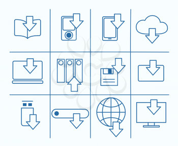 Different downloading devices thin line icon set. Vector illustration