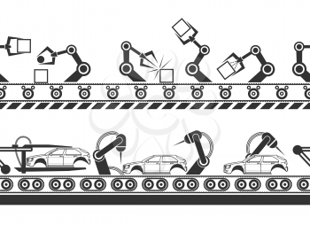 Manufacturing production line conveyor belt tracks with robot hands vector illustration
