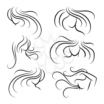 Woman head silhouettes with long hair isolated on white. Vector illustration