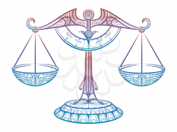 Colorful Justice scales or Zodiac sign of Libra zentangle style design. Vector illustration