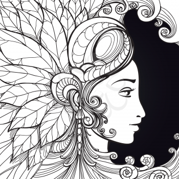 Coloring zentangle woman face and decorative elements on black background. Vector illustration