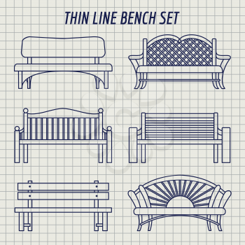 Garden bench thin line icons set vector. Bench on notebook background