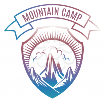 Colorful mountain camp label design. Vector retro travel badge isolated on white background