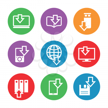 Different devices downloading line icons in color circles. Vector illustration