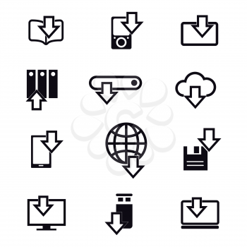 Different devices downloading black line icons isolated on white. Vector illustration