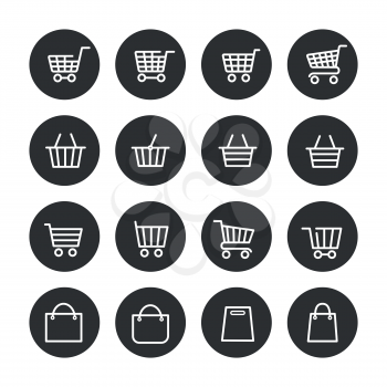 Shopping baskets thin line icons set in black circles. Vector illustration