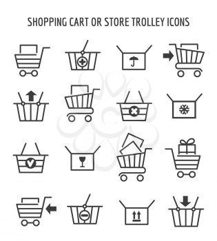 Shopping cart or store trolley icons for web e-commerce. Outline shop carts signs empty and full, add and clear. Vector illustration