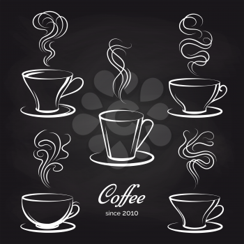 Coffee cups with smoke on blackboard background. Vector illustration