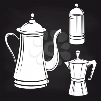 Coffee pot stickers on blackboard background. Vector illustration