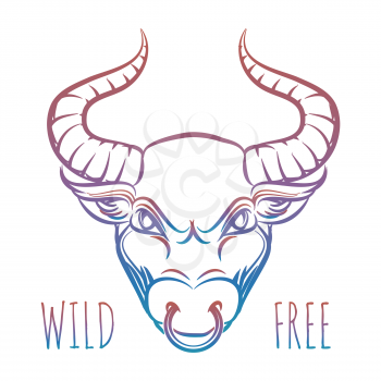 Colorful head of bull and lettering wild free isolated on white. Vector illustration