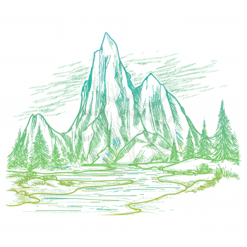 Hand drawn colorful landscape with mountain and forest isolaed on white background. Vector nature sketch