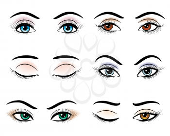 Open and closed hand drawn woman eyes. Closeup outline makeup eye set vector illustration