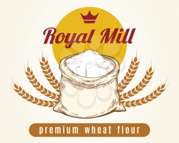 Whole bag of wheat flour vector sketch. Premium mill product emblem