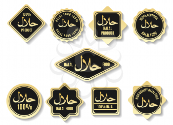 Islamic halal meal gold certified vector signs. Arabic kosher food products market labels isolated on background