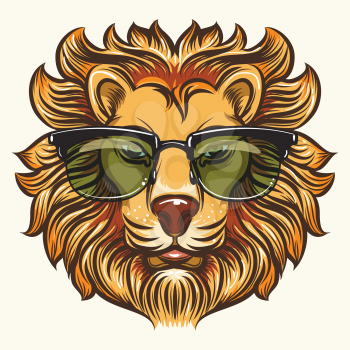 Hand drawn fashion lion in glasses or sunglasses in cartoon style vector illustration