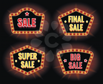 Retro sale lightbulb signs and big discount campaign banners vector illustration