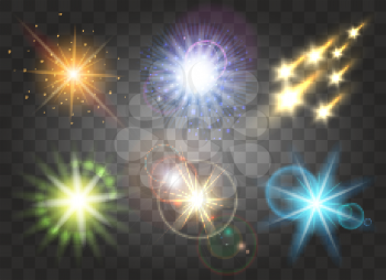 Shiny glowing vector illustration. Sun, burst and fire isolated on transparent background