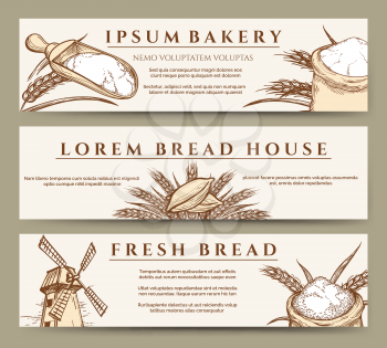 Hand drawn fresh bread and bakery banners with mill, wheat and flour bag sketch vector illustration