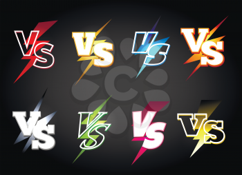 Versus or vs confrontation labels. Slag battle vector icons in 80s light eclair style