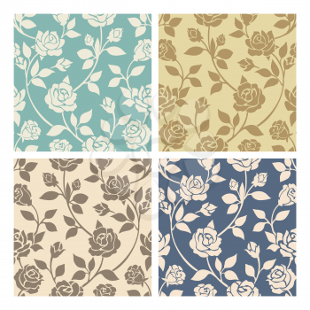 Vintage floral patterns. Vector rose flowers seamless patterns set for fabric or baroque wallpaper with roses