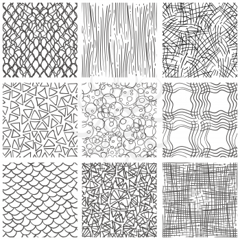 Abstract pen sketch seamless pattern set. Hand drawn doodle thin line patterns, vector illustration