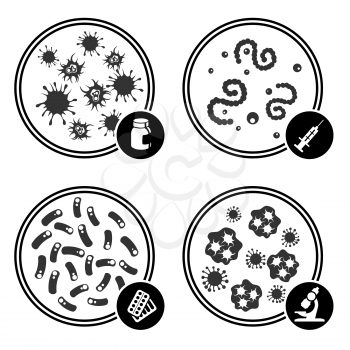 Icons virus in Petri dish, microscope and syringe. Vector illustration