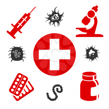 Medical icons with medical equipment, pills and virus attack. Vector illustration