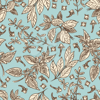 Vintage colors seamless pattern with hand drawn spice branches. Vector illustration