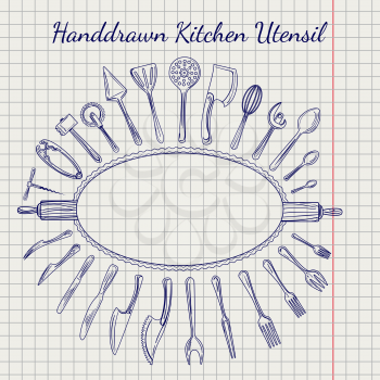 Sketch of kitchen utensil on notebook page. Vector hand drawn crokery set and decorative frame