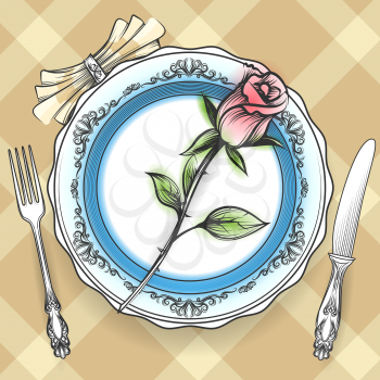 Romantic table setting with plate cutlery napkin and rose on Scottish cell cloth. Vector illustration